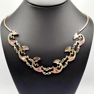 Mexican Kokopelli Necklace Abalone Pink Shell Inlay Southwest Alpaca Vintage 21"